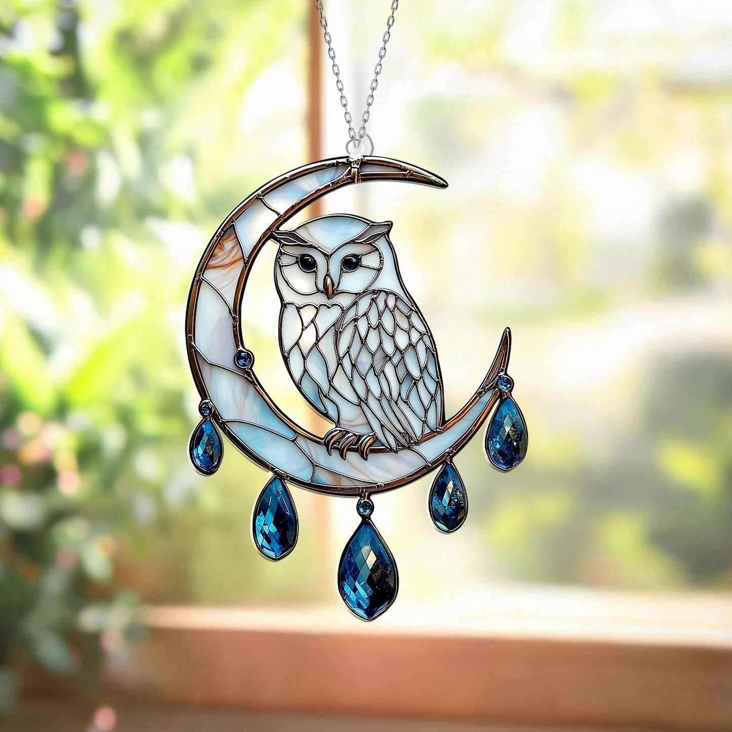 Owl on Crescent Moon Window Hanging with Sparkling Blue Crystal Drops – Decorative Window Ornament, Unique Gift for Home Decor