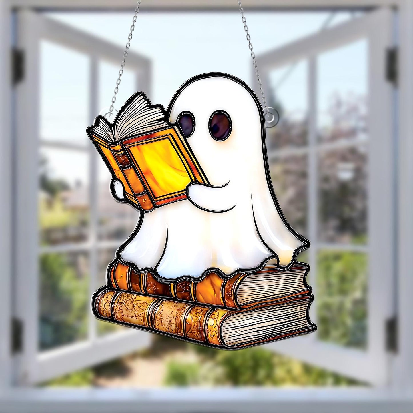 Ghost Reading Book Window Hanging – Cute Halloween Window Decor, Spooky Ghost Ornament for Book Lovers, Fall Home Decoration Gift