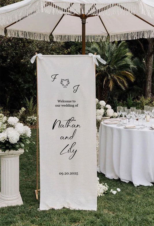 Custom Wedding Welcome Sign, Personalized Fabric Banner, Large Ceremony Sign, Rustic Linen Wedding Decor, Modern Outdoor Reception Banner