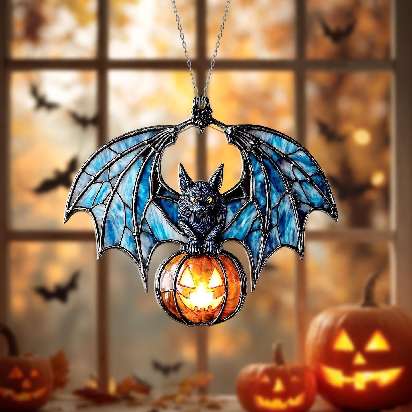 Bat and Pumpkin Window Hanging – Spooky Halloween Window Ornament, Gothic Bat Suncatcher, Jack O Lantern Home Decor and Unique Gift