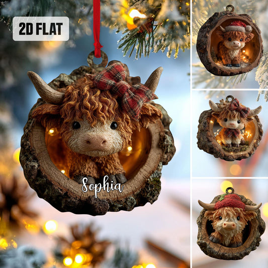 Personalized Highland Cow 2D Flat Ornament, Custom Name Christmas Tree Ornament, Farmhouse Christmas Home Decor, Gift for Highland Cow Lover