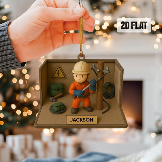 Personalized Lineman 2D Flat Ornament, Custom Line Worker Christmas Tree Ornament, Lineman Christmas Home Decor, Xmas Gift for Dad, Husband