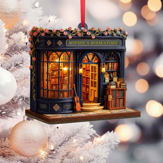 Personalized Bookstore Christmas Ornament 2025, Custom Book Store 2d Flat Wooden Ornament, Gift for Book Lovers,Bookshelf Christmas Ornament
