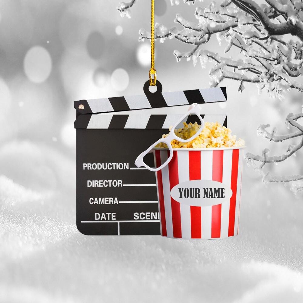 Personalized Film Clapboard with popcorn Ornament, Christmas Gift For Watching Movie Lover, Xmas Tree Decor