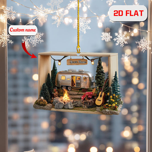 Personalized Camping Ornament, Custom Name RV Camper Christmas Ornament, Travel Trailer Holiday Decoration, Campfire Adventure Gift