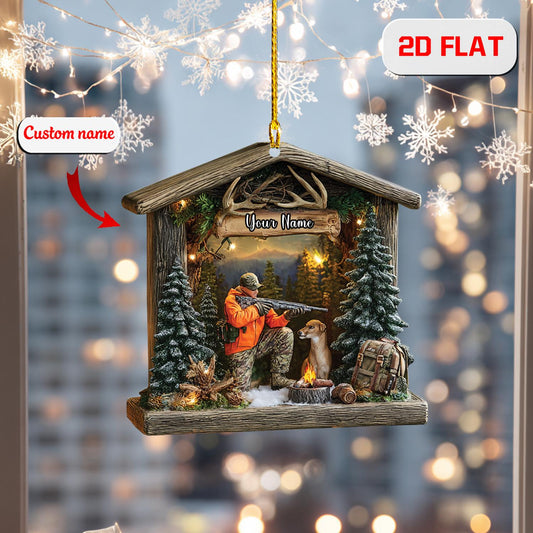 Personalized Hunting Ornament, Custom Name Hunter and Dog Christmas Ornament, Deer Hunting Holiday Decor, Outdoor Adventure Gift