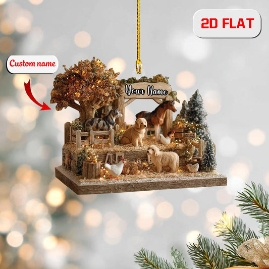 Personalized Farm Animal Ornament, Custom Name Christmas Ornament with Dog Horse Chicken, Rustic Barn Holiday Decor, Country Gift Idea