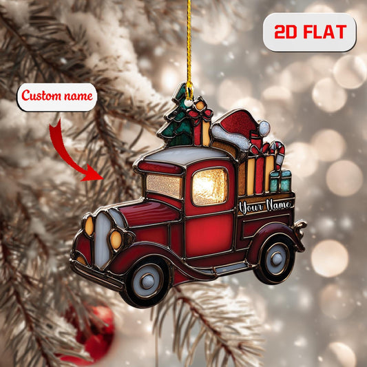 Personalized Red Truck Ornament, Custom Name Christmas Ornament with Gifts and Tree, Vintage Holiday Decor, Rustic Farmhouse Xmas Gift