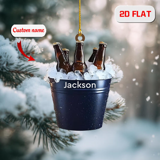 Personalized Beer Bucket Ornament, Custom Name Christmas Ornament with Bottles on Ice, Funny Holiday Bar Decor, Drinking Gift for Him