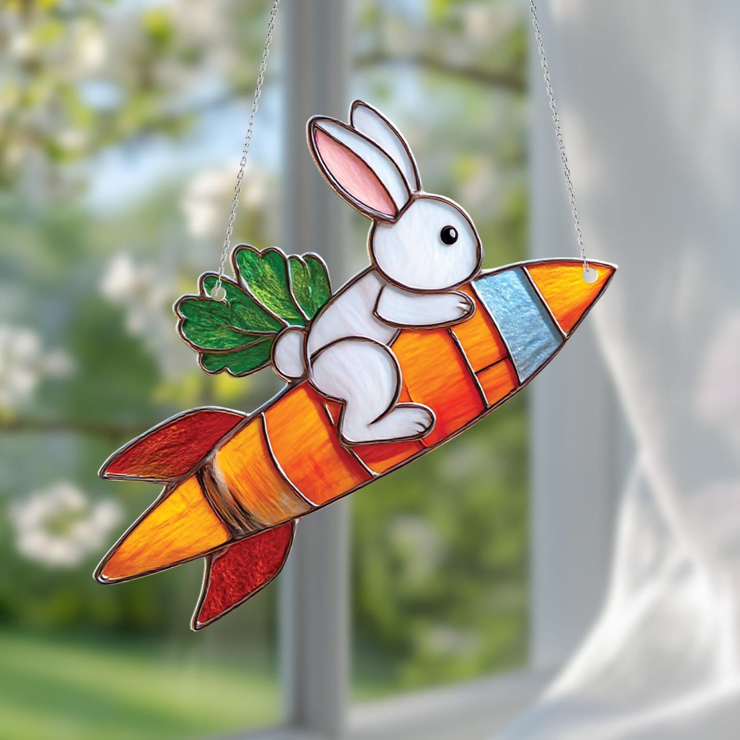 Cute Bunny Window Hanging Decoration, Carrot Rocket Window Art, Whimsical Animal Window Hanging, Fun Kids Room Decor, Unique Gift Idea