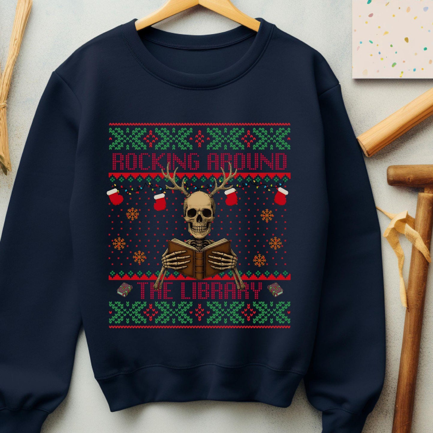 Rockin' Around the Christmas Tree Shirt Ugly Christmas Book Lover Sweatshirt Funny Skeleton Shirt Reindeer Sweatshirt