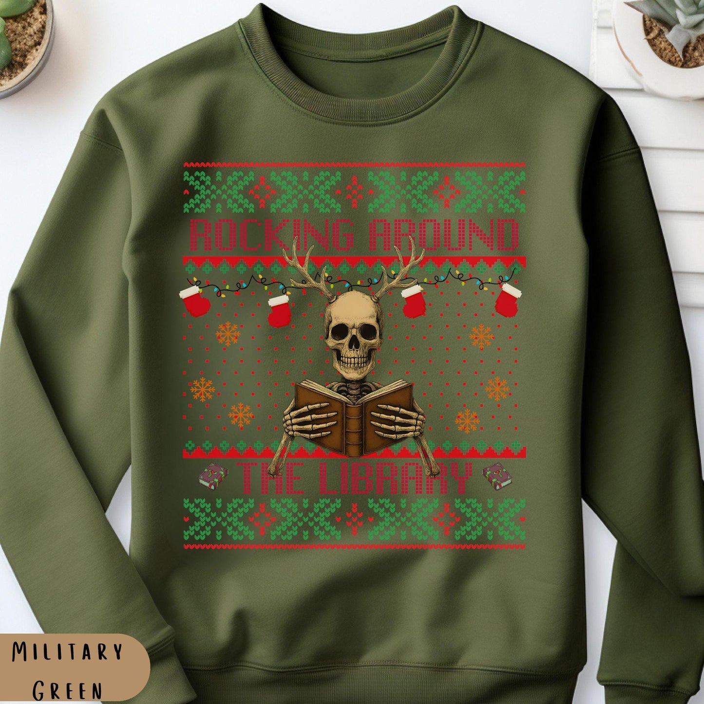 Rockin' Around the Christmas Tree Shirt Ugly Christmas Book Lover Sweatshirt Funny Skeleton Shirt Reindeer Sweatshirt