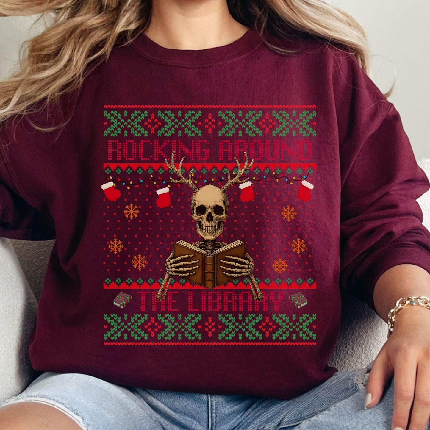 Rockin' Around the Christmas Tree Shirt Ugly Christmas Book Lover Sweatshirt Funny Skeleton Shirt Reindeer Sweatshirt