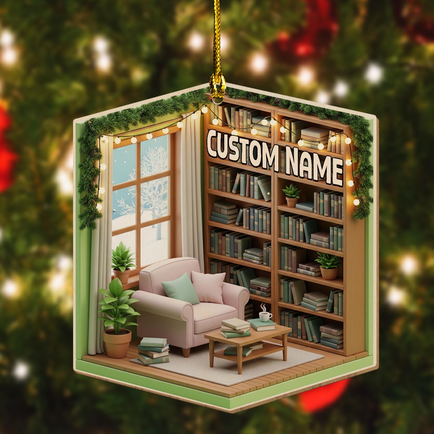 2D Flat Personalized Dreamy Cozy Reading Nook 2D Flat Acrylic/Wood Ornament, Reading Room Christmas Ornament, Bookworm Librarian Gift JCQT02