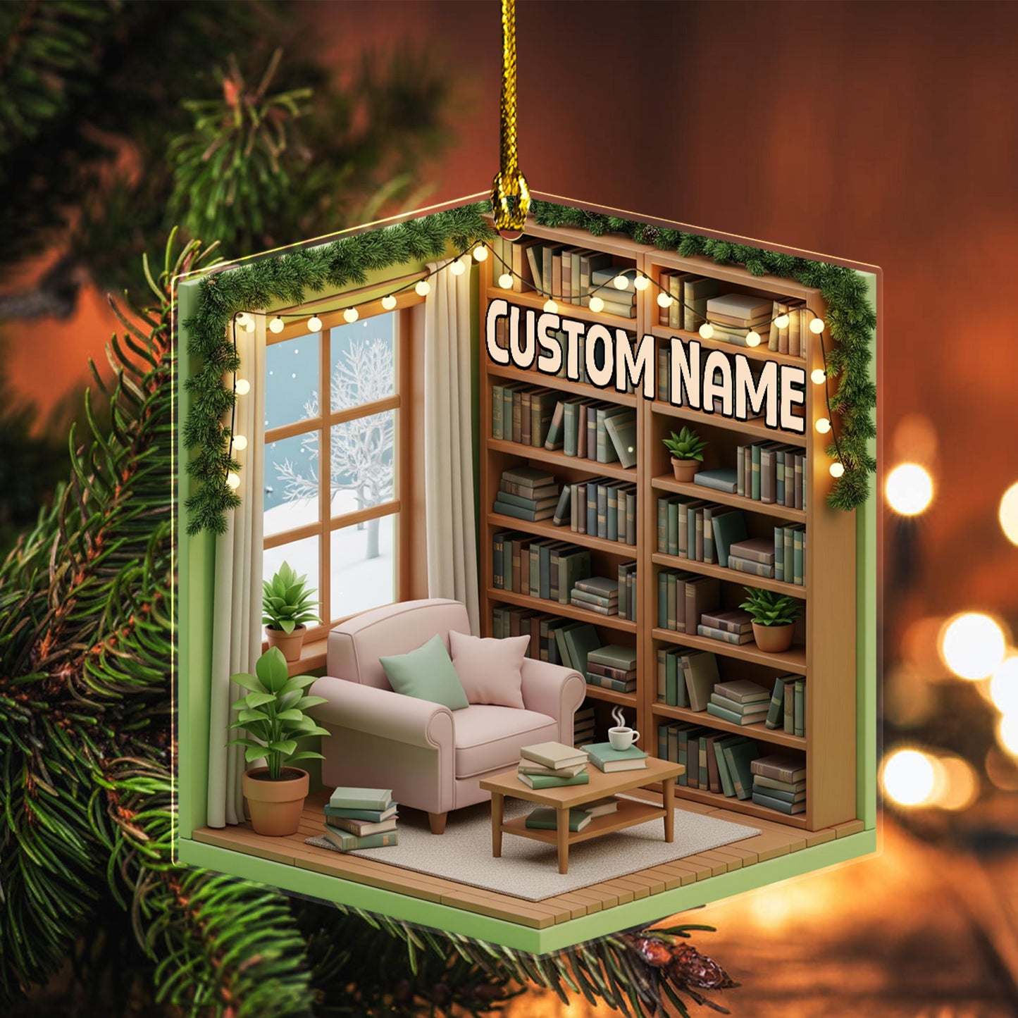 2D Flat Personalized Dreamy Cozy Reading Nook 2D Flat Acrylic/Wood Ornament, Reading Room Christmas Ornament, Bookworm Librarian Gift JCQT02