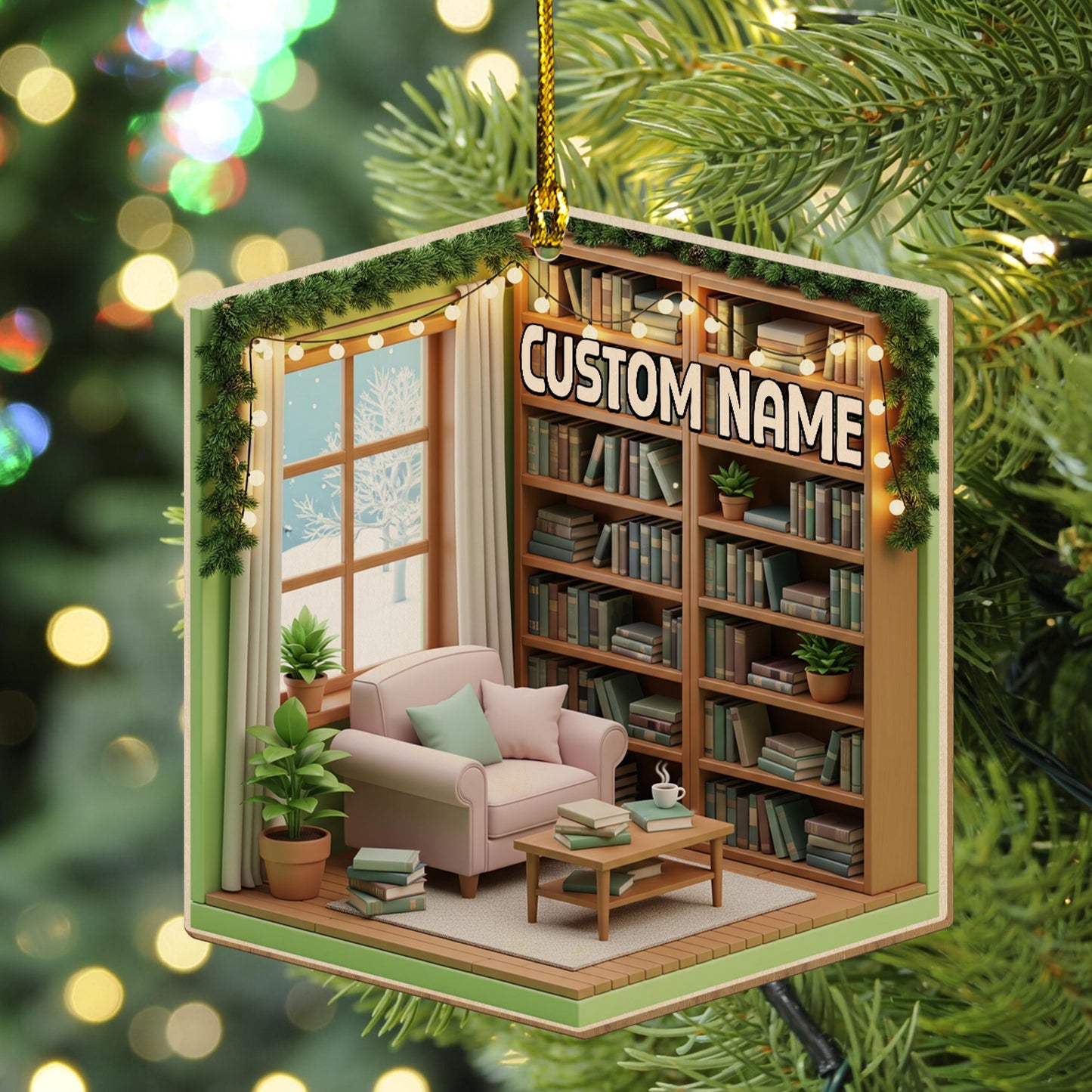 2D Flat Personalized Dreamy Cozy Reading Nook 2D Flat Acrylic/Wood Ornament, Reading Room Christmas Ornament, Bookworm Librarian Gift JCQT02