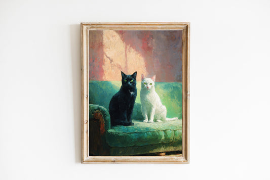 Black and White Cats on Green Sofa Fine Art Print | Cute Quirky Whimsical | Cocktail Art | Bar Cart Decor | Trendy Home Wall Art Gift