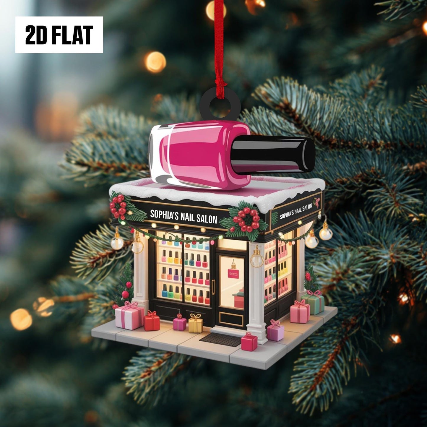 Personalized Nail Salon 2D Flat Ornament, Custom Name Christmas Decoration, Nail Spa Ornament, Beauty Salon Gift for Girls