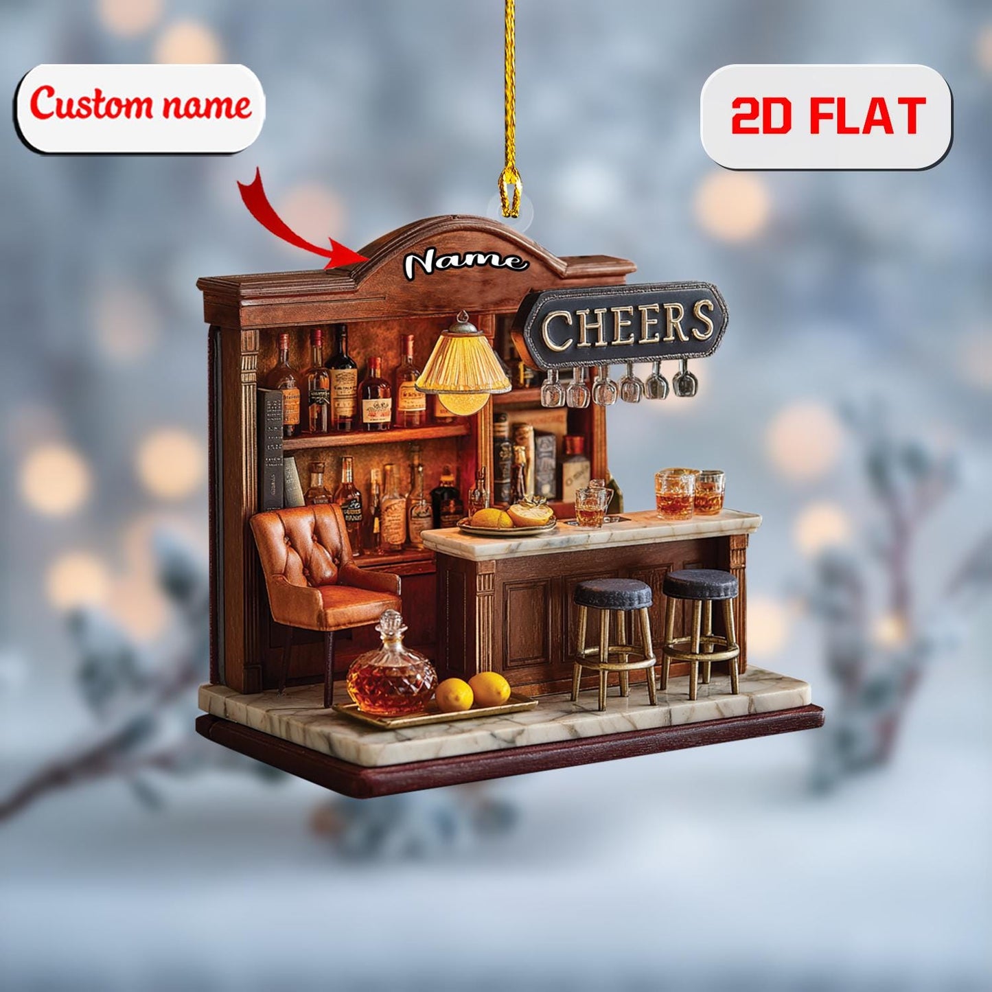 2D home bar acrylic ornament, personalized Christmas pub decor, custom name ornament, holiday tree decoration, gift for bartenders