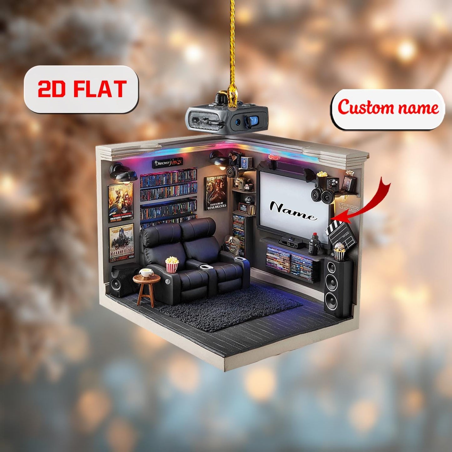 2D home theater acrylic ornament, personalized movie room Christmas decor, custom name ornament, holiday tree decoration, christmas gift