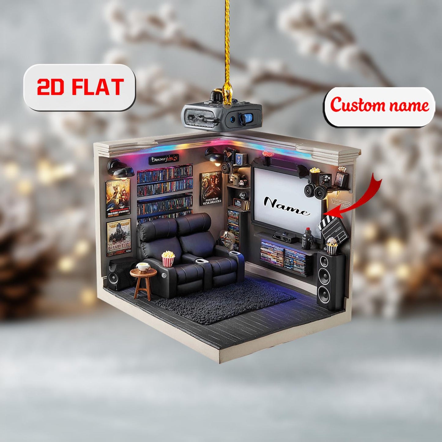 2D home theater acrylic ornament, personalized movie room Christmas decor, custom name ornament, holiday tree decoration, christmas gift