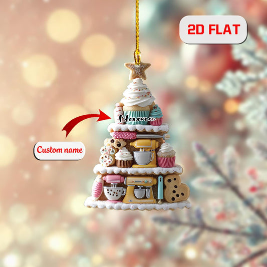 Personalized Baking Ornament Christmas Tree, Custom Name Cupcake Cookie Mixer Gift, Holiday Kitchen Decor for Baker Pastry Lover