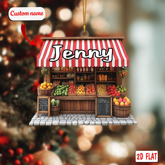 Custom Name 2D Acrylic Christmas Ornament, Fruit Shop Holiday Decor, Personalized Market Stand Ornament, Unique Xmas Tree Gift
