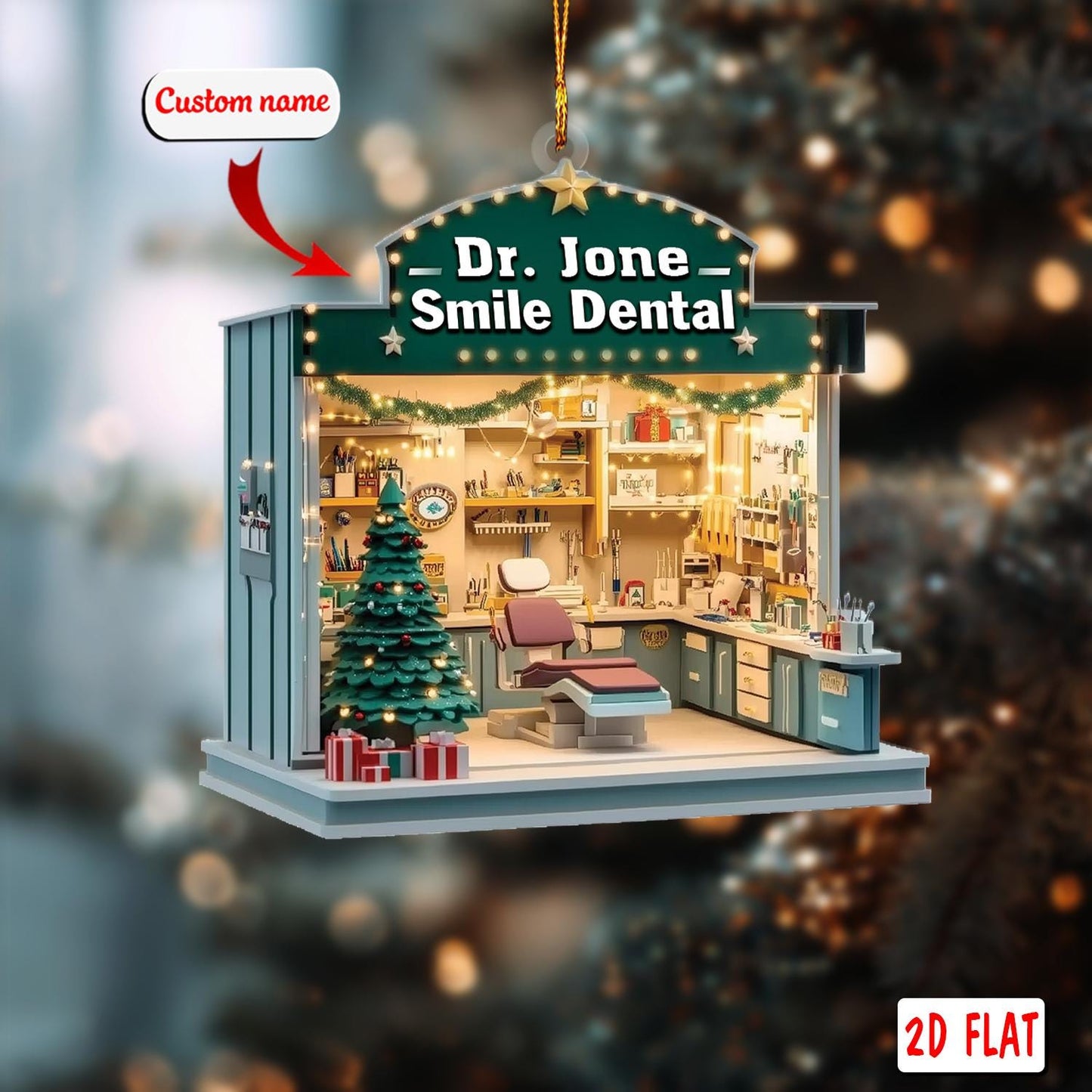 Custom Dental Clinic Ornament 2D Flat, Personalized Dentist Christmas Ornament, Acrylic Dental Office Decoration, Hygienist Holiday Gift