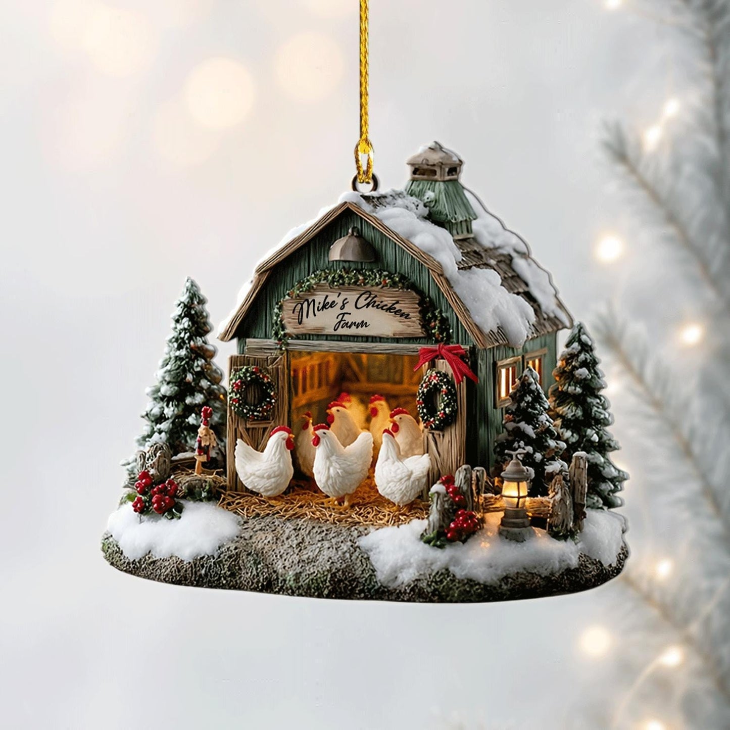 Chicken Farm Ornament – Rustic Barn Christmas Tree Decor – Personalized Gift for Farmers & Chicken Lovers, 2D flat ornament