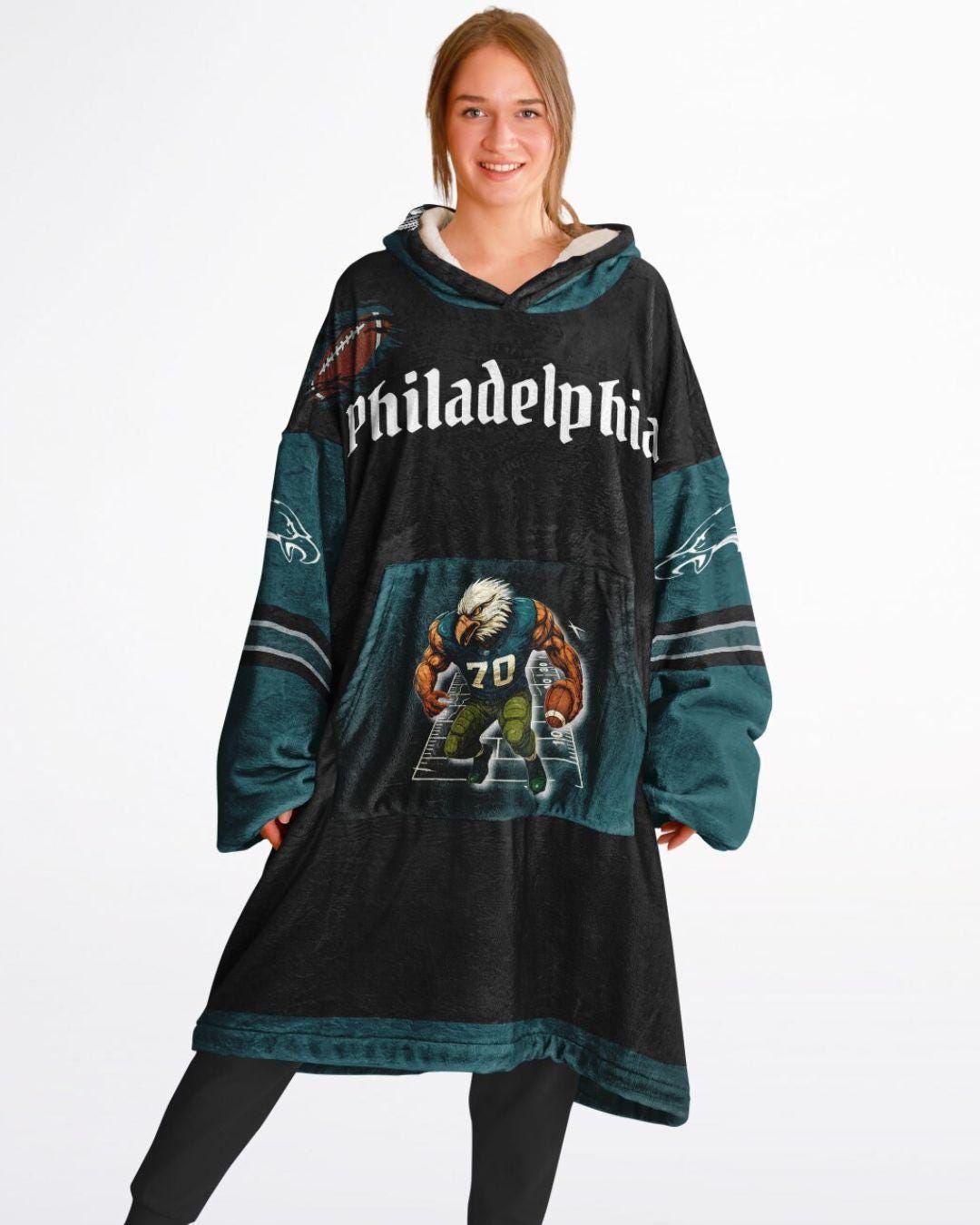 Philadelphia Football Oversized Hooded Blanket: Bird Black Distressed Player Cuddle Hoodie
