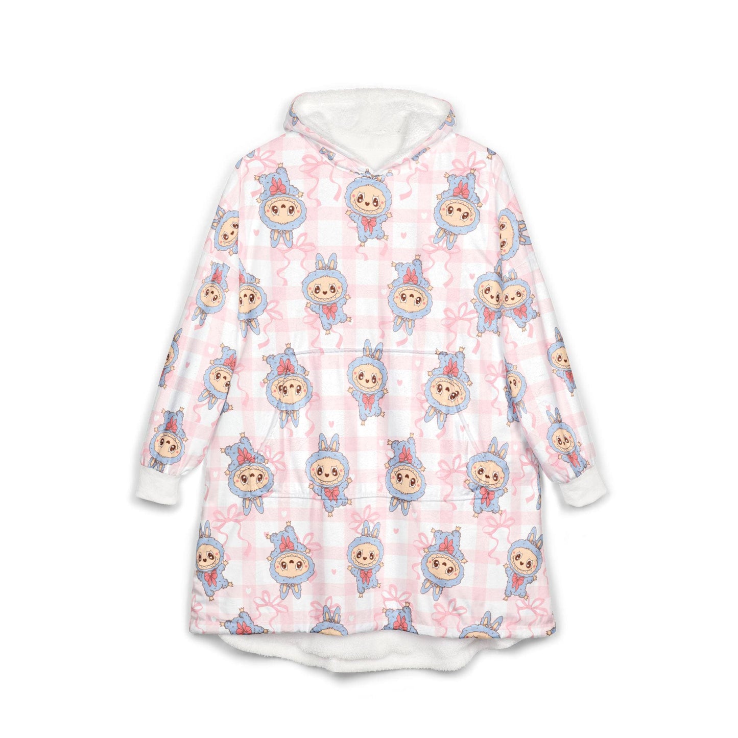 Labubu Hooded Blanket: Soft Polyester Fleece, Kangaroo Pocket