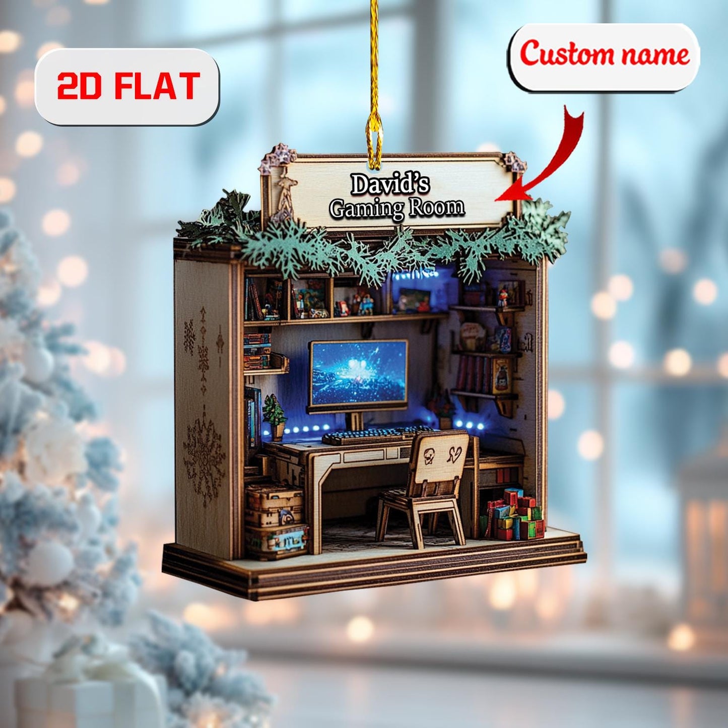 Custom Gaming Room Ornament 2D Flat, Personalized Gamer Christmas Ornament, Acrylic Ornament Gift for PC Gamers, Video Game Holiday Decor