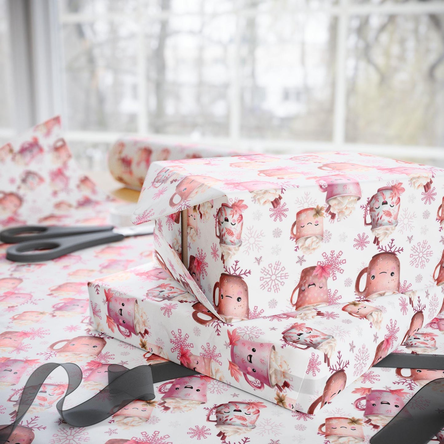 Pink Cocoa and Snowflakes Wrapping Paper: Cute Christmas Wrapping Paper, Custom Wrapping paper, Parties and Celebrations, Unique Gift Giving