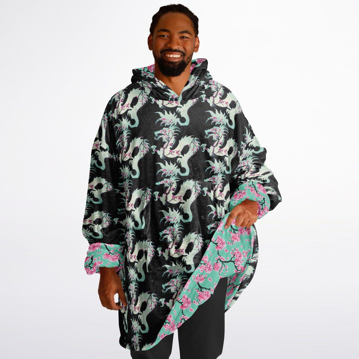 Reversible Snug Hoodie Arizona Green Tea Print Fluffy Hoodie Floral Wearable Blanket with Hood Cherry Blossom Giant Snuggie