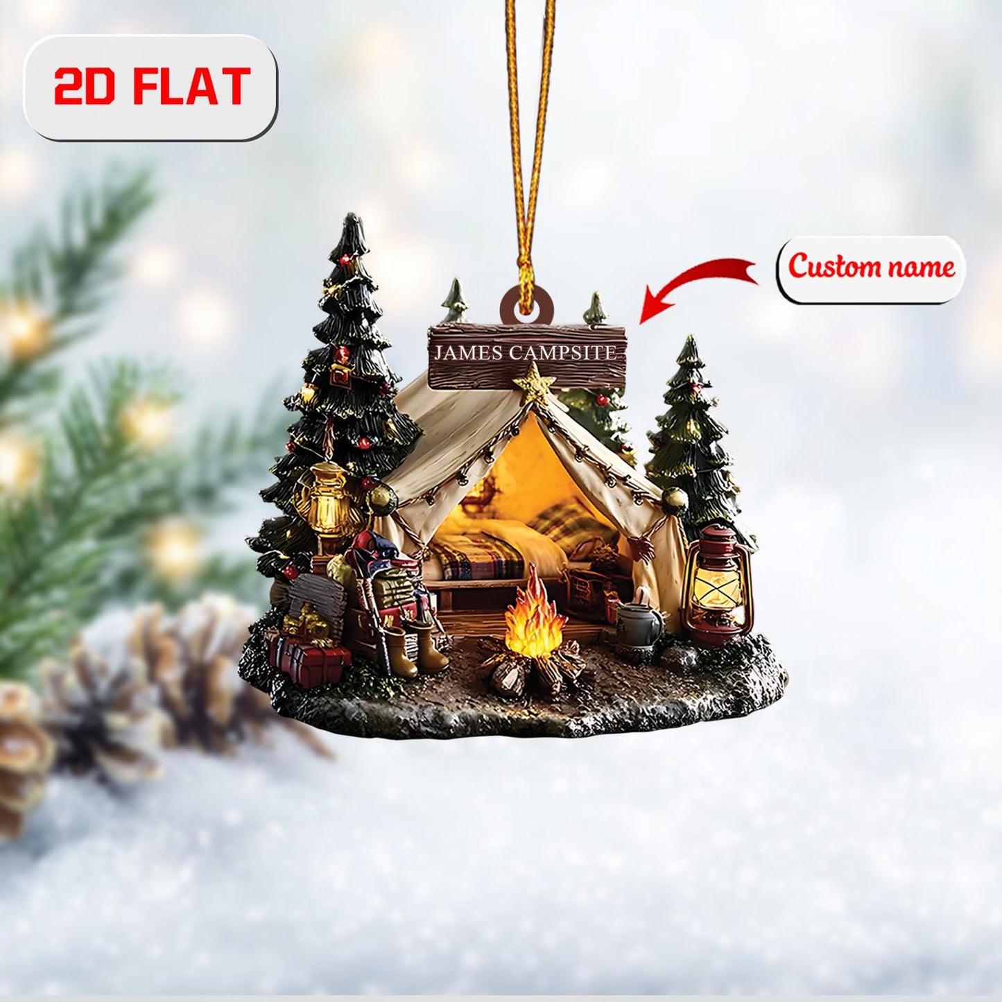 Custom Camping Ornament, Personalized Campsite Christmas Decoration, Tent & Campfire Holiday Ornament, Unique Gift for Camper or Hiker