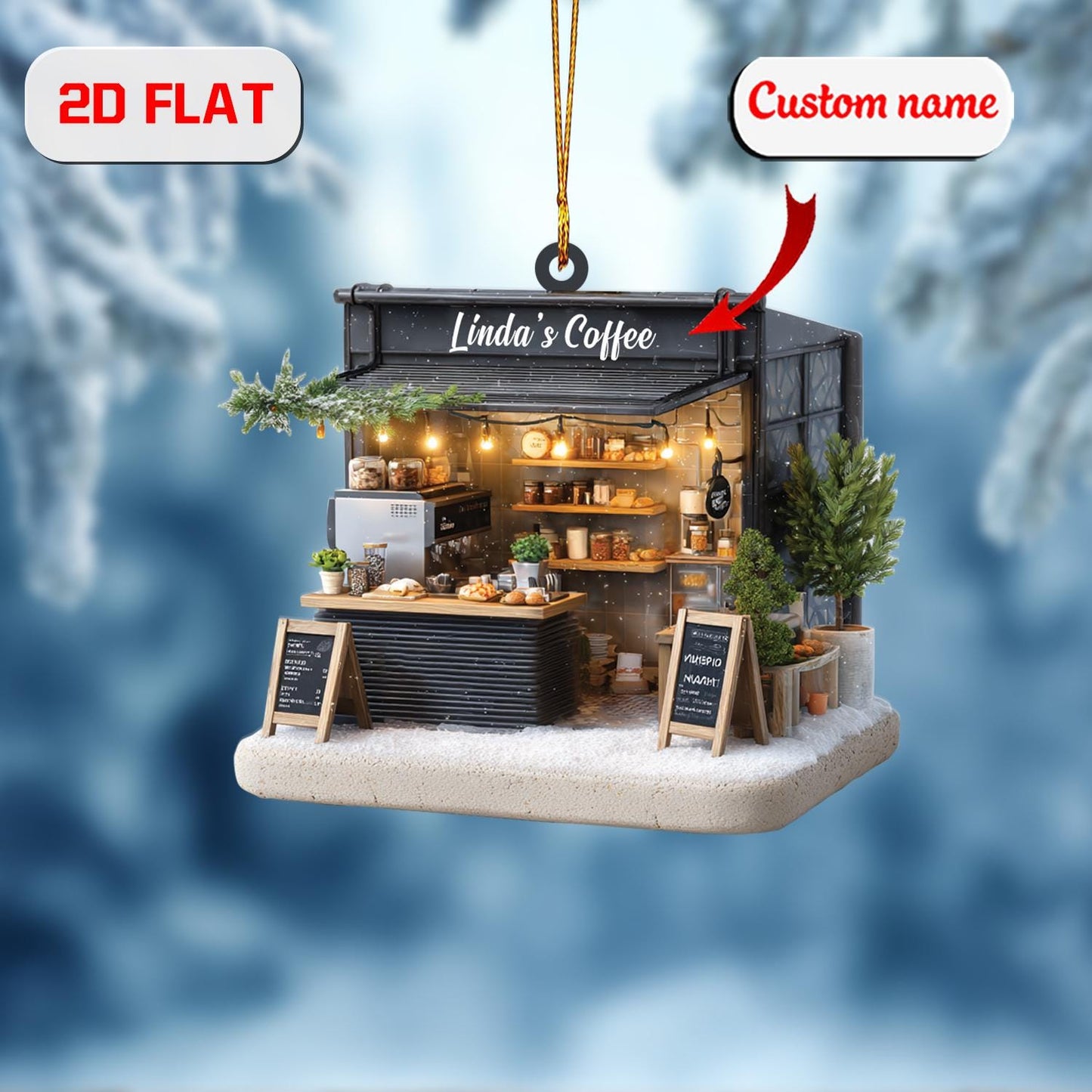 Personalized Coffee Shop Christmas Ornament , Custom Name Cafe Owner Gift, Holiday Tree Decoration for Barista, Coffee Lover & Small Biz