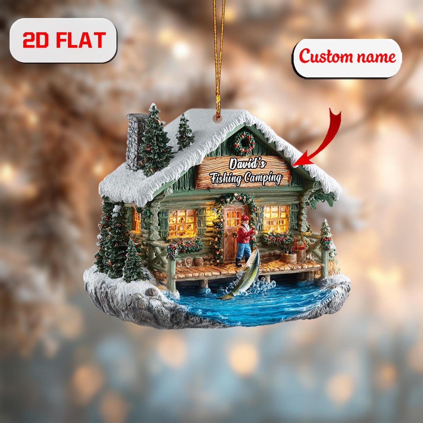 Personalized Fishing Cabin Christmas Ornament , Custom Name Camping Gift, Holiday Tree Decoration for Fisherman, Outdoor & Nature Lover