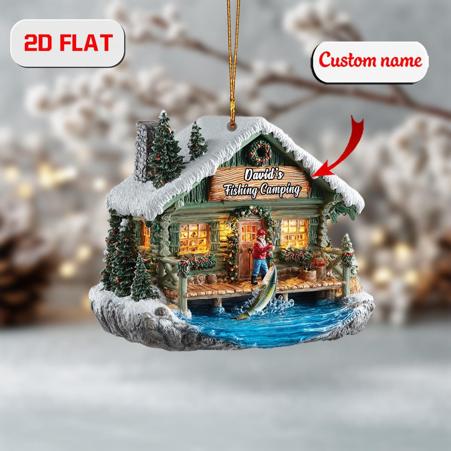 Personalized Fishing Cabin Christmas Ornament , Custom Name Camping Gift, Holiday Tree Decoration for Fisherman, Outdoor & Nature Lover