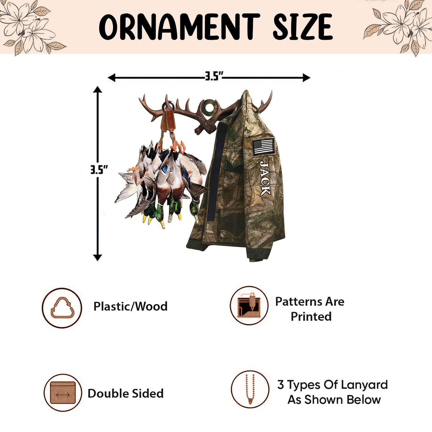 Personalized Hunting 2D Flat Ornament, Custom Duck Hunting Christmas Tree Ornament, Hunting Vest Christmas, Gift for, Dad, Husband, Hunter