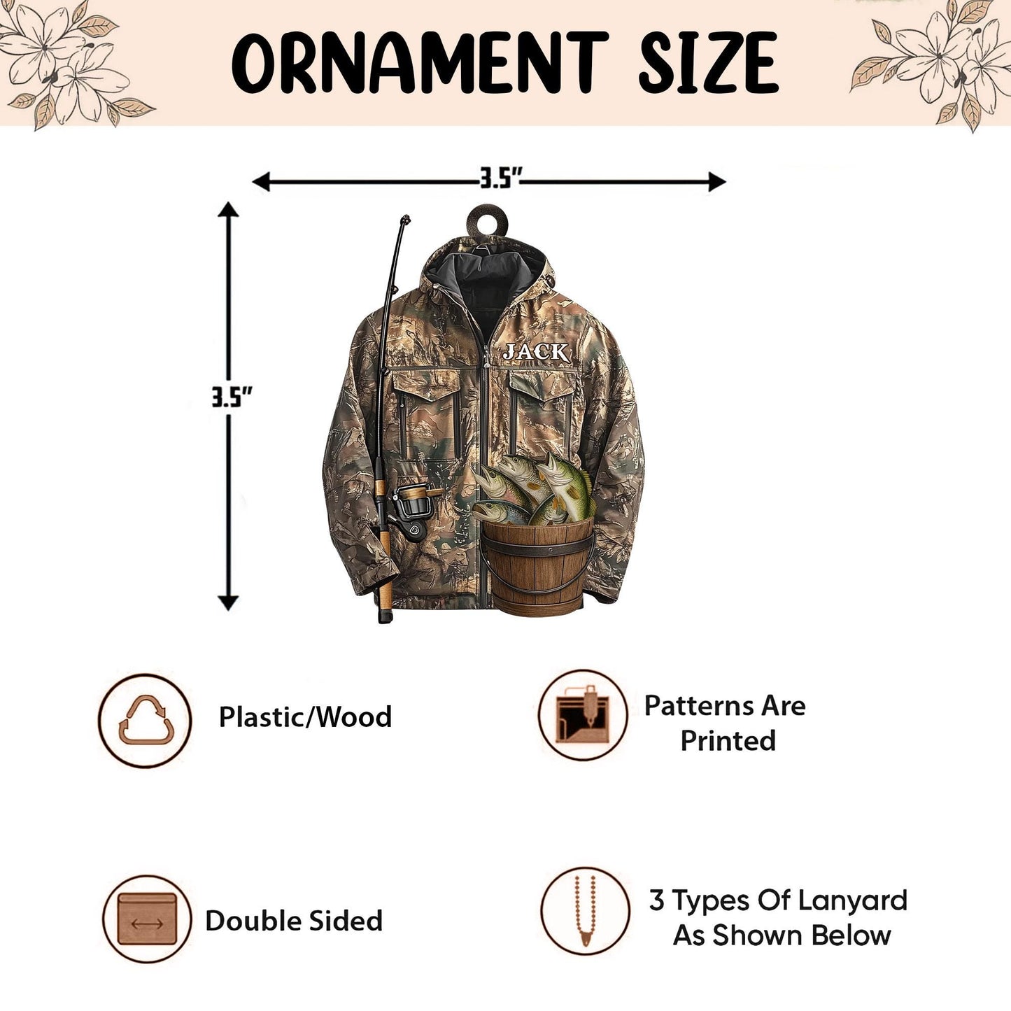 Personalized Fishing 2D Flat Ornament, Custom Bass Fish Christmas Tree Ornament, Fishing Vest Christmas, Gift for, Dad, Husband, Fisherman