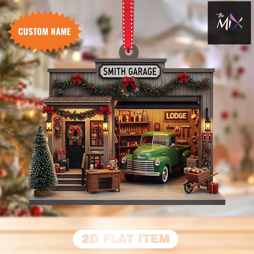 Personalized Garage Christmas Ornament, Classic Truck Tree Decoration, Mechanic Holiday Acrylic Ornament, 2D Flat