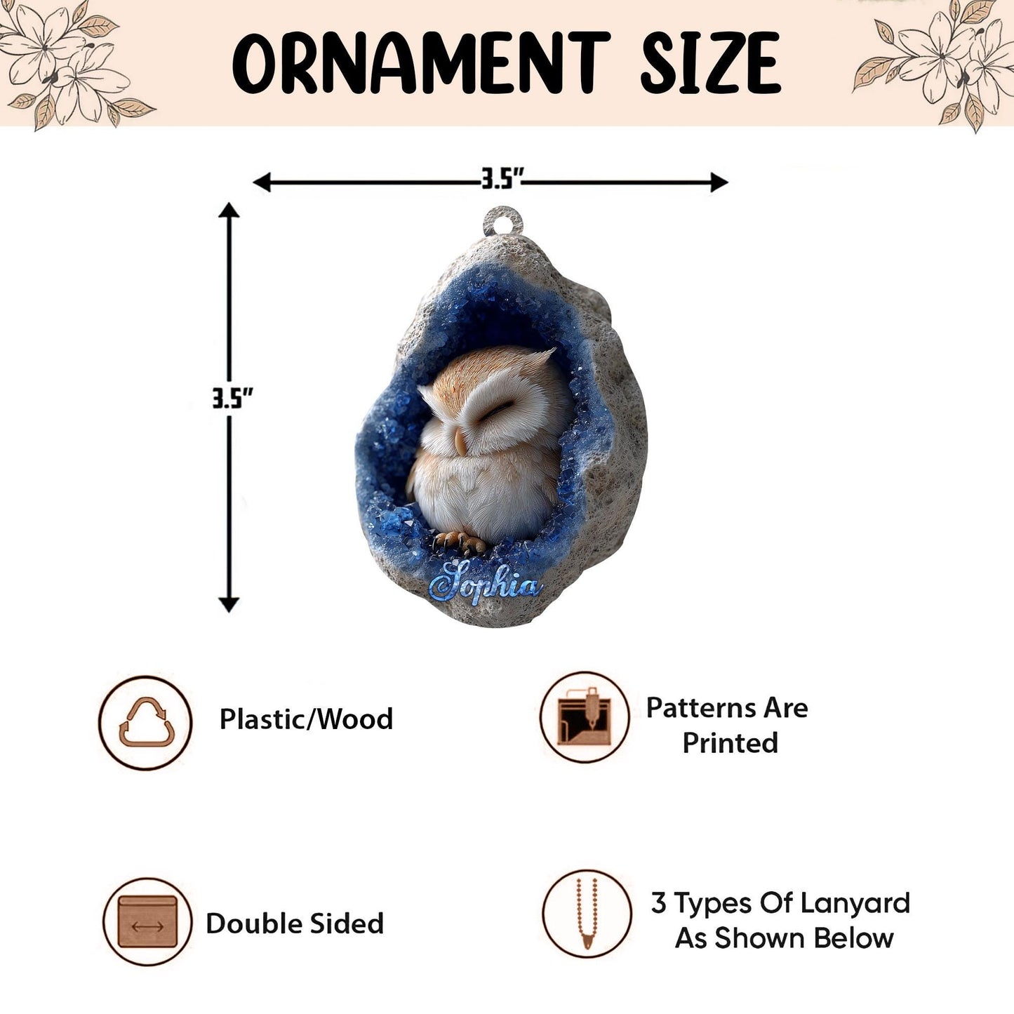 Personalized Owl 2D Flat Ornament, Owl Rearview Mirror Car Accessories, Owl Christmas Ornament, Bird Decor, Gift for Owl Lover, Animal Lover