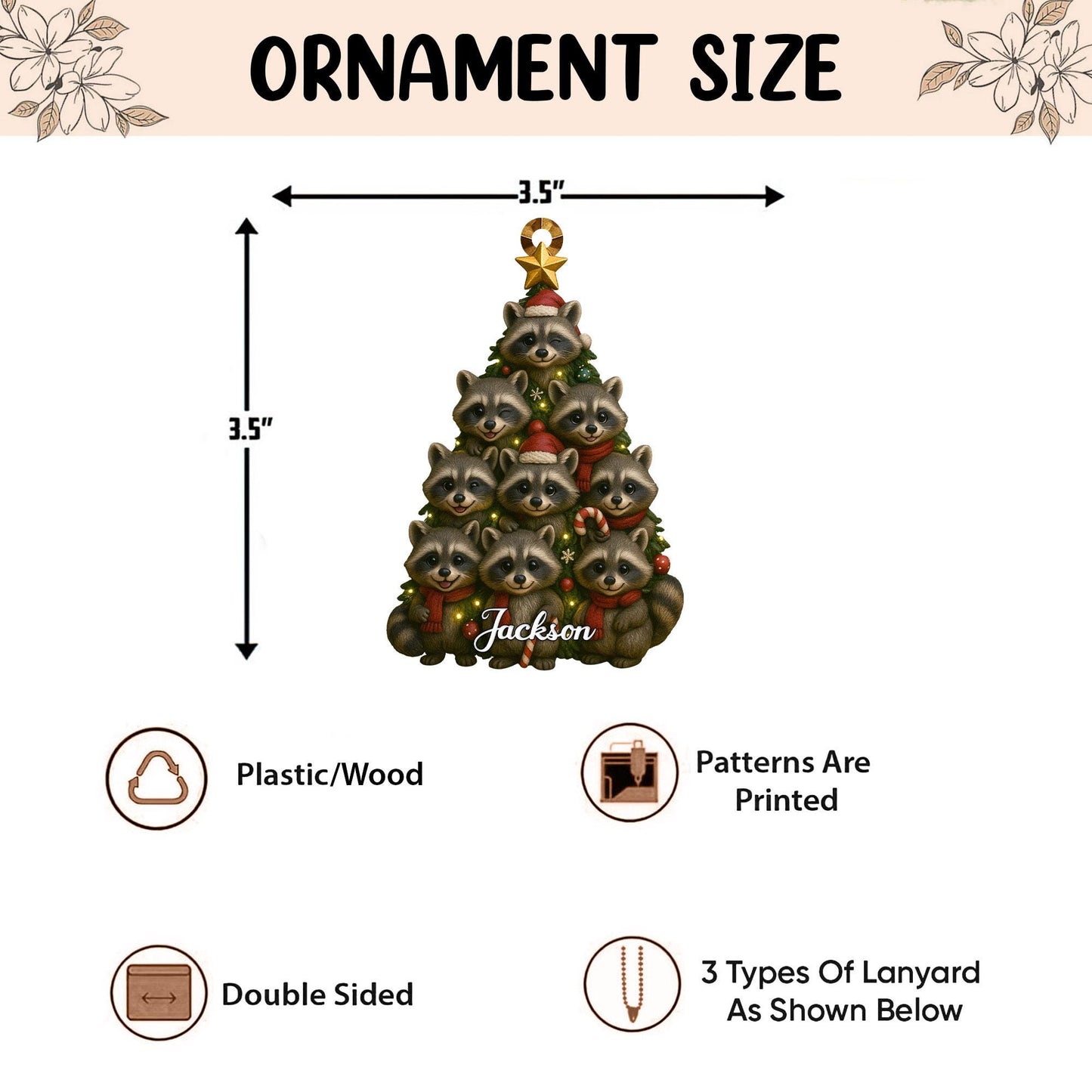 Personalized Racoon 2D Flat Ornament, Racoon Rearview Mirror Car Accessories, Racoon Christmas Tree Ornament, Christmas Racoon Lover Gifts