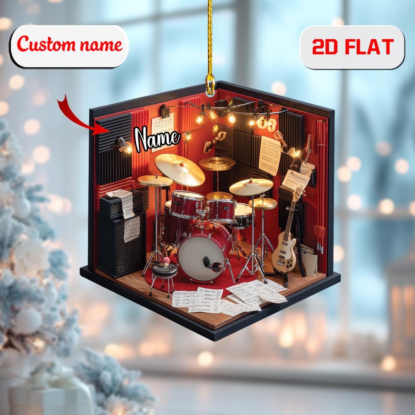 Personalized 2D Drum Ornament, Custom Musician Gift, Acrylic Drum Set Christmas Decor, Unique Holiday Keepsake for Drummers & Music Lovers