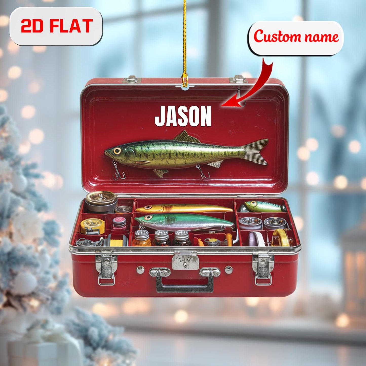 Personalized Fishing Ornament 2D Flat, Custom Fisherman Tackle Box Acrylic Gift, Unique Fisherman Christmas Keepsake Decor