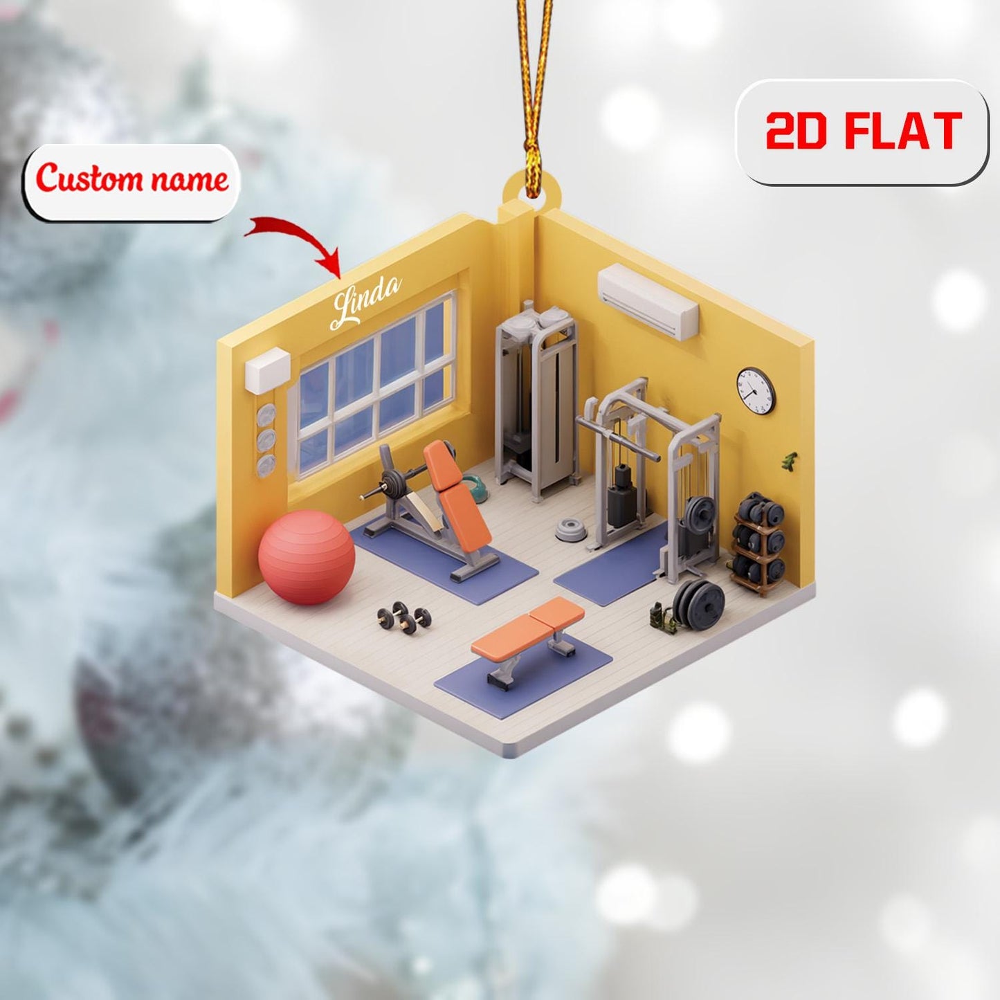 Custom 2D Flat Gym Ornament, Personalized Acrylic Christmas Decoration, Fitness Holiday Gift for Bodybuilder Weightlifter Personal Trainer