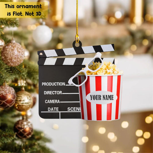 Personalized Film Clapboard with popcorn Ornament, Christmas Gift For Watching Movie Lover, Xmas Tree Decor