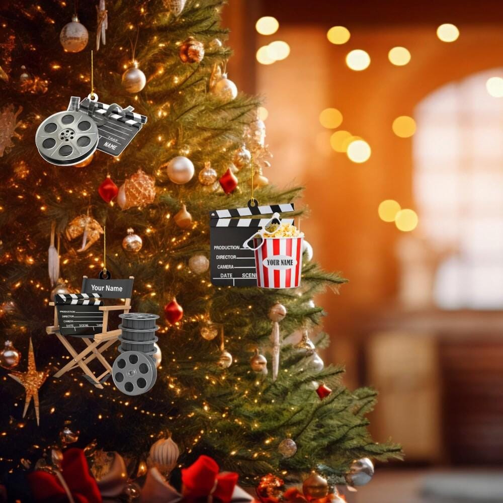 Personalized Film Clapboard with popcorn Ornament, Christmas Gift For Watching Movie Lover, Xmas Tree Decor