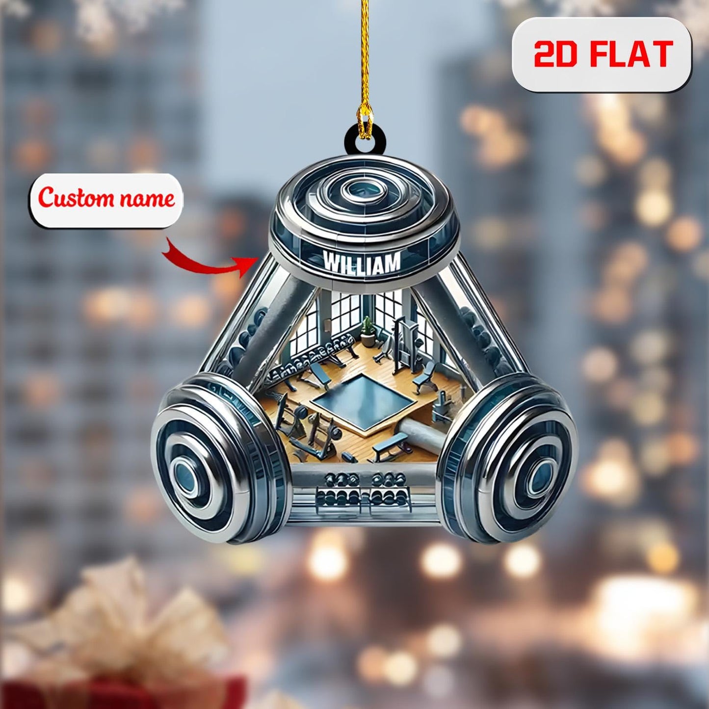 2D gym acrylic ornament, personalized dumbbell Christmas decor, custom name ornament, holiday tree decoration, fitness gift for gym lovers