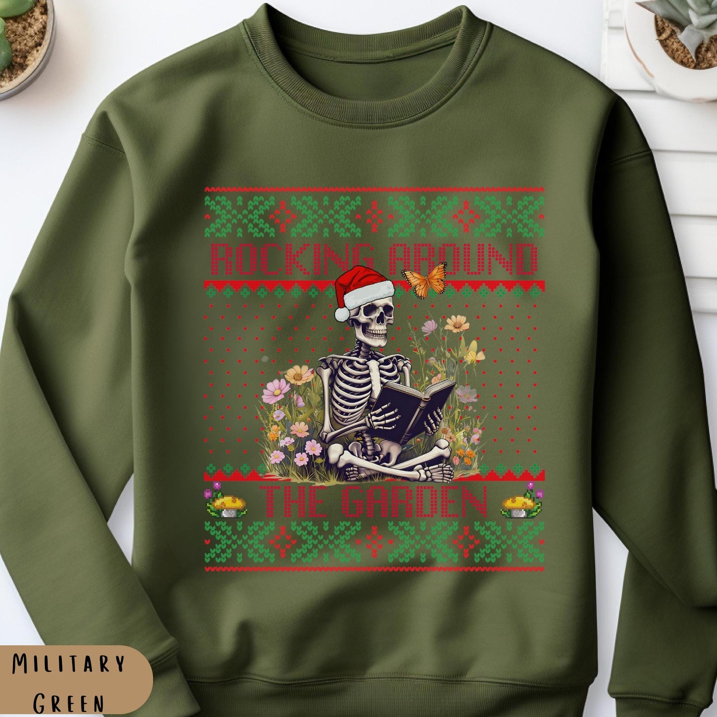 Rockin' Around the Christmas Tree Shirt Crazy Plant Lady Ugly Christmas Book Lover Sweatshirt Funny Skeleton Shirt Plant Lover Gift